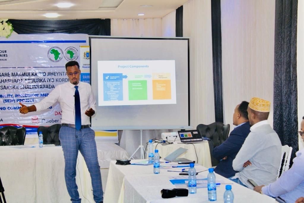 Presentation on project components at a SEIP meeting, with a facilitator pointing to a projector screen